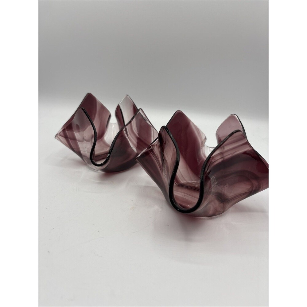 Pair of Purple Ribbon Swirl Art Glass Handkerchief Bowls/Tea Light Holders